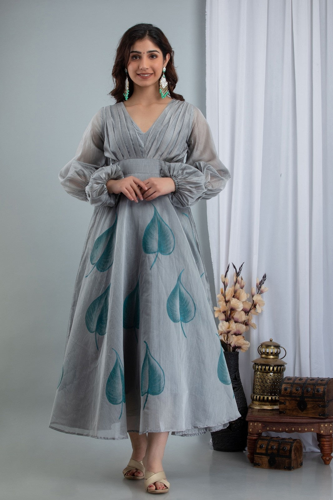 Grey Chanderi Hand Painted Dress