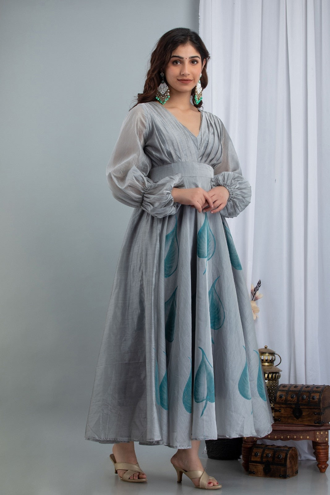 Grey Chanderi Hand Painted Dress