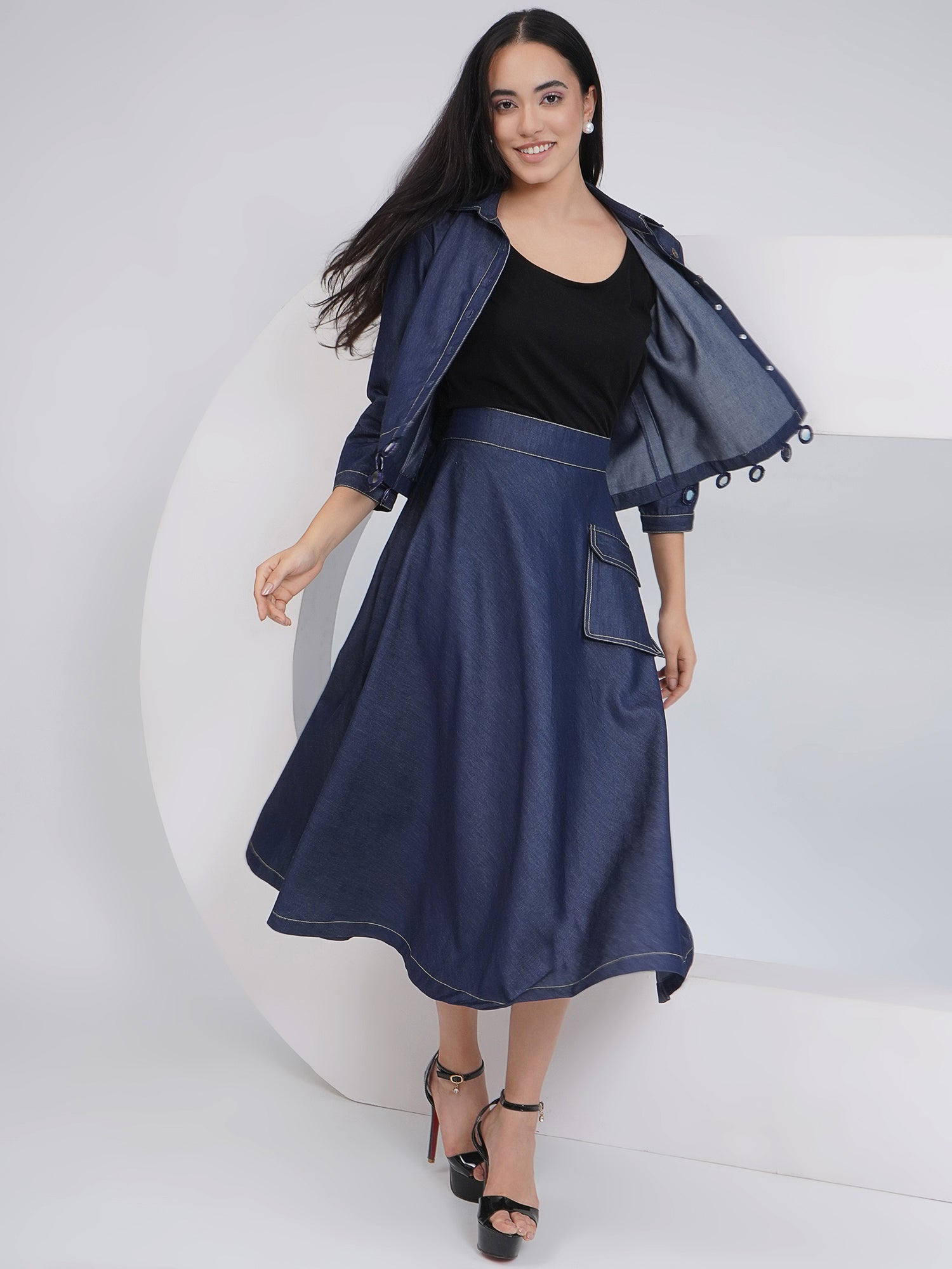 Ethnic Black Denim A Line skirt with Inner and Jacket