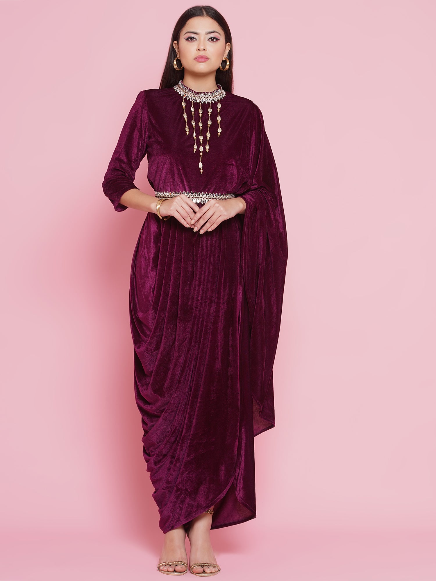 Women Wine Drape Kurta and Pant