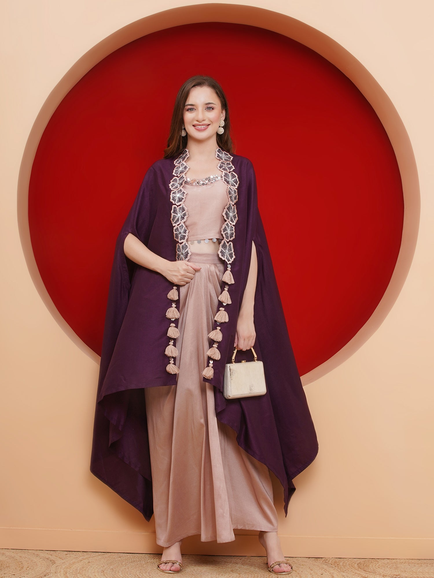 Women Purple and Rose Gold Skirt set with Cape