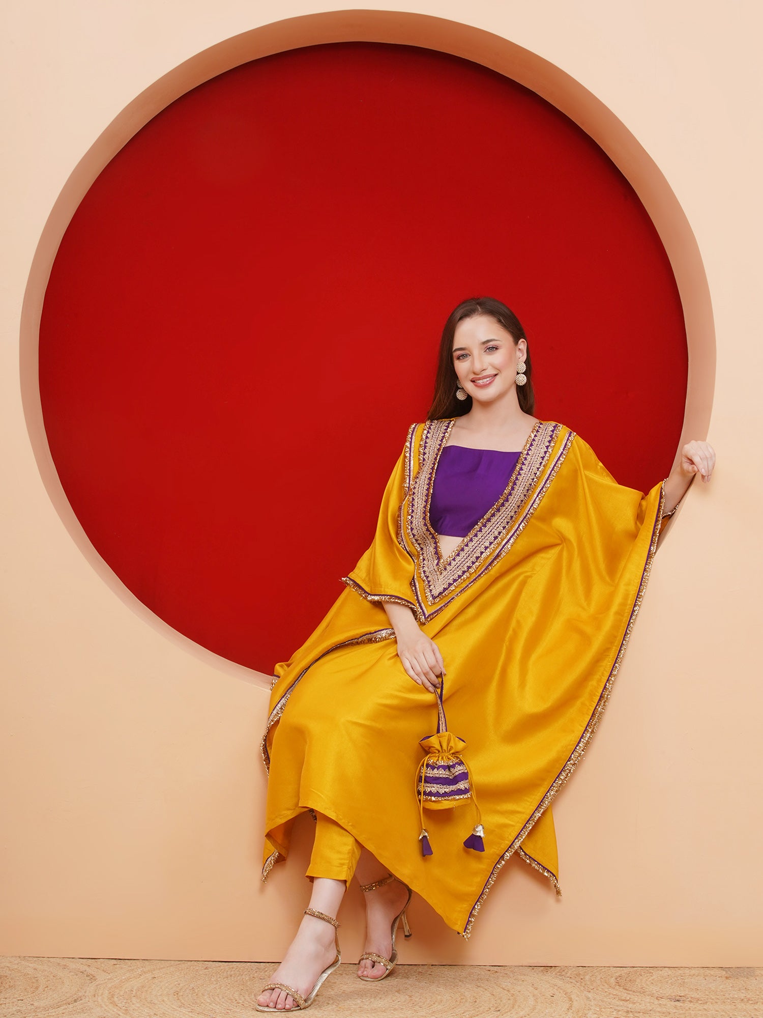 Women Yelow Kaftaan Set with ineer and Potli