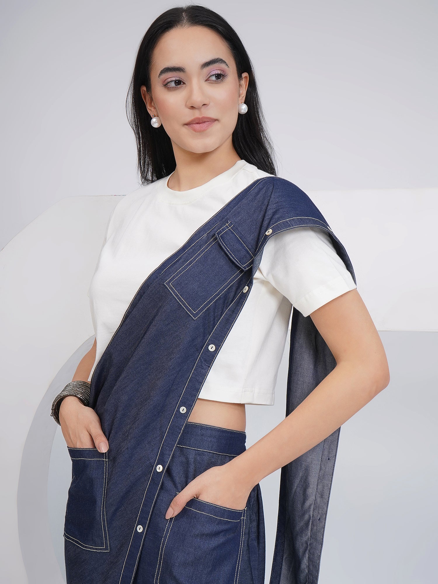 Ethnic Off White Denim Skirt Drape with Top