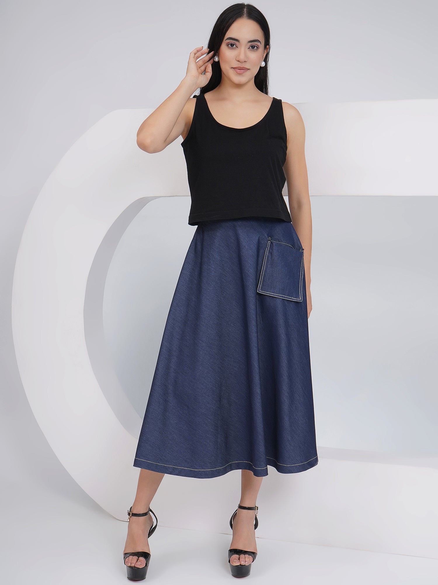 Ethnic Black Denim A Line skirt with Inner and Jacket