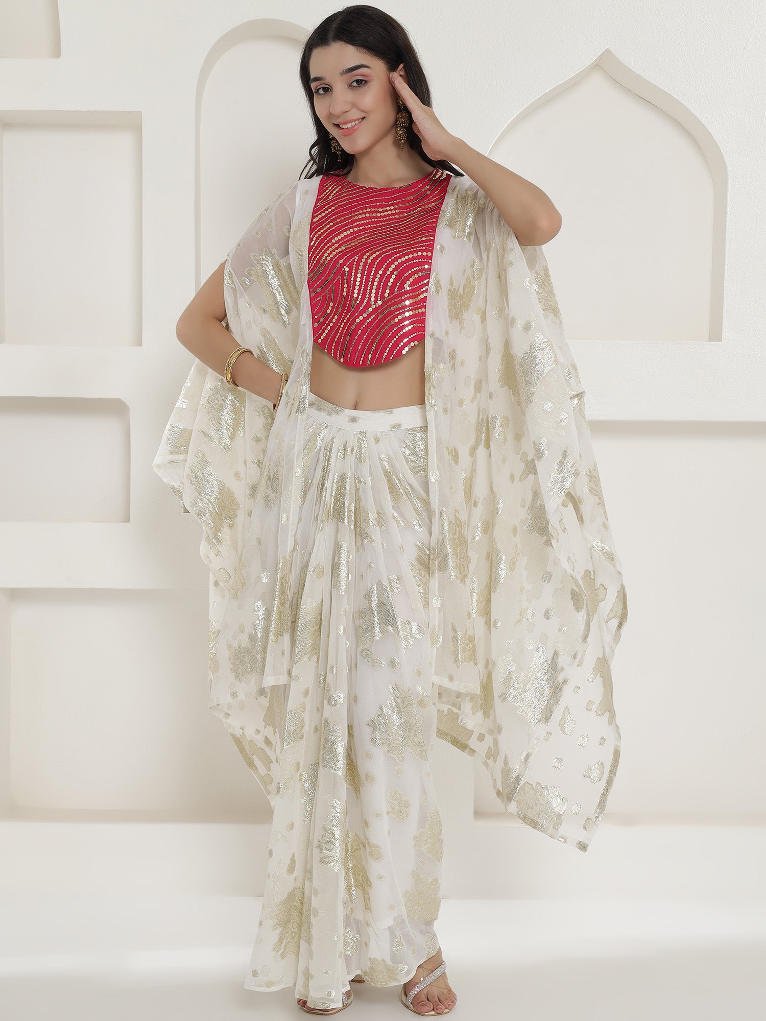 White & Pink Kaftan with Skirt
