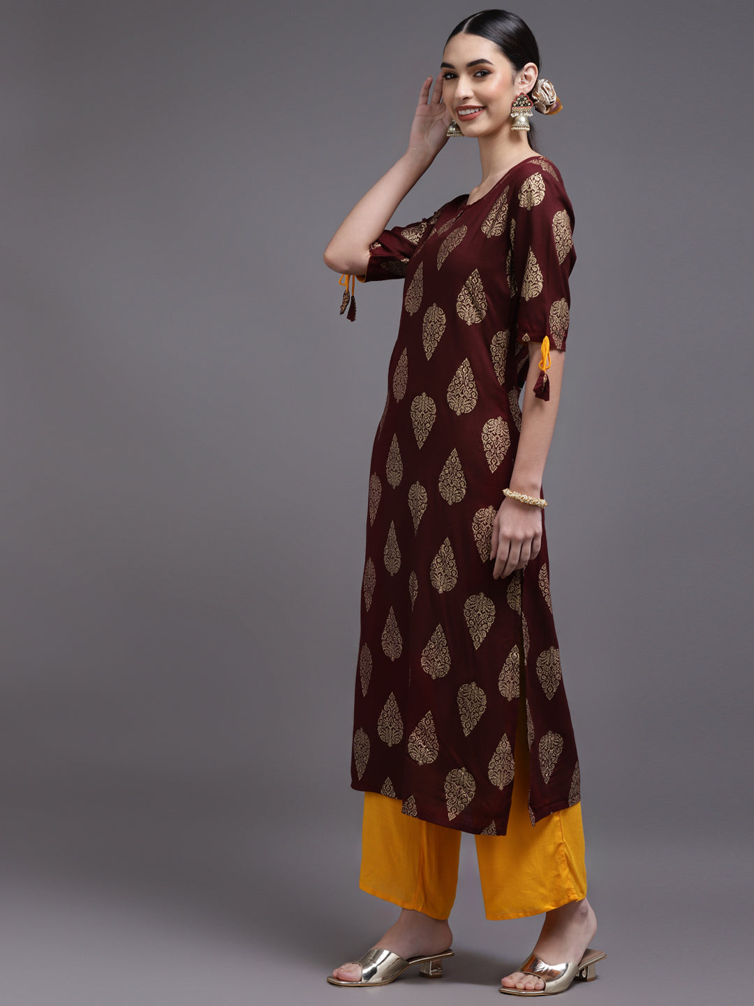 Women Brown Printed Rayon Kurta