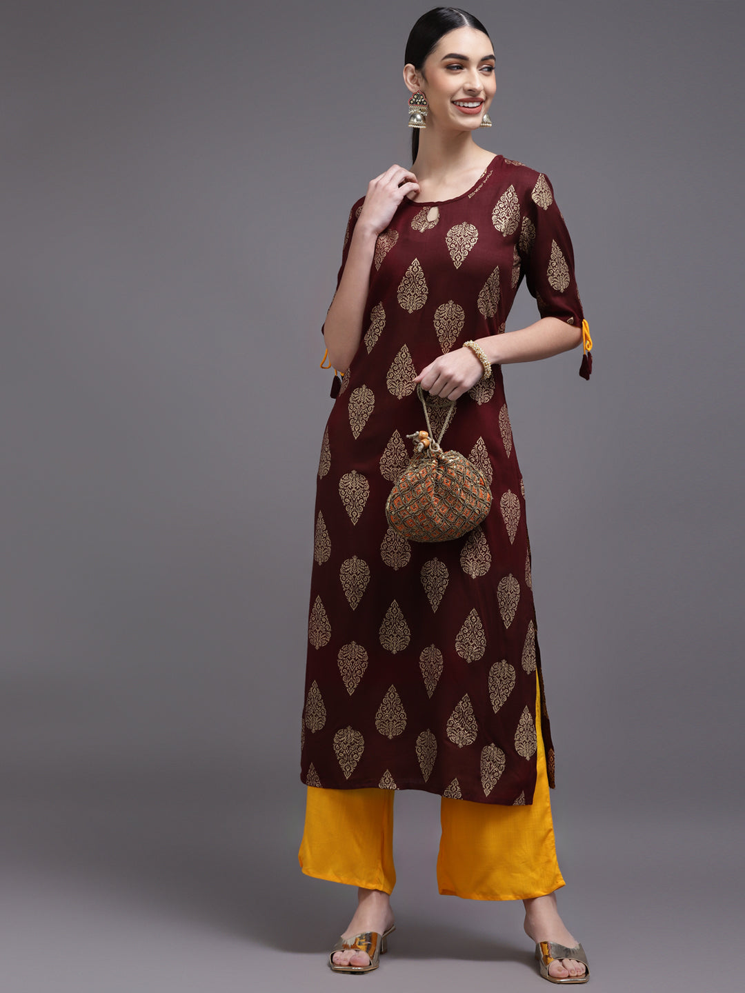 Women Brown Printed Rayon Kurta