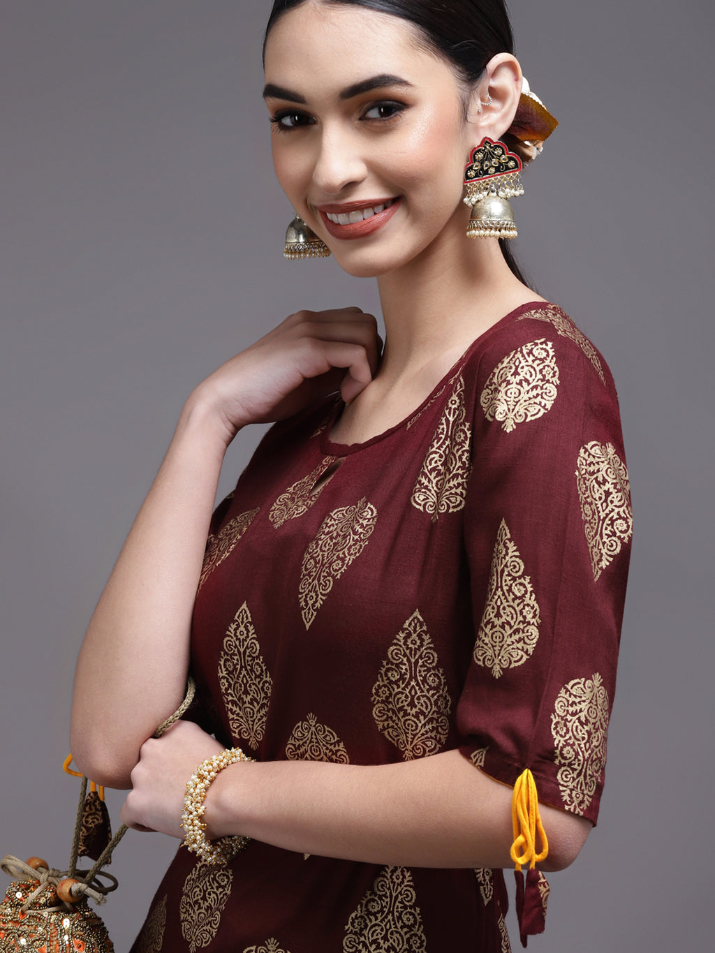 Women Brown Printed Rayon Kurta