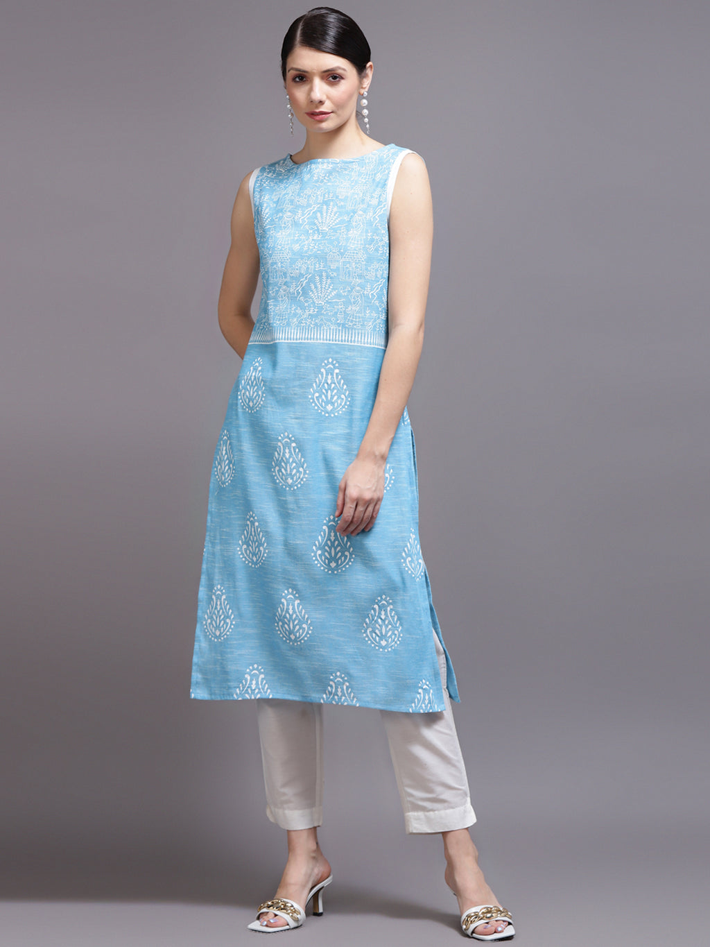 Women Sky Blue Printed Cotton Kurta