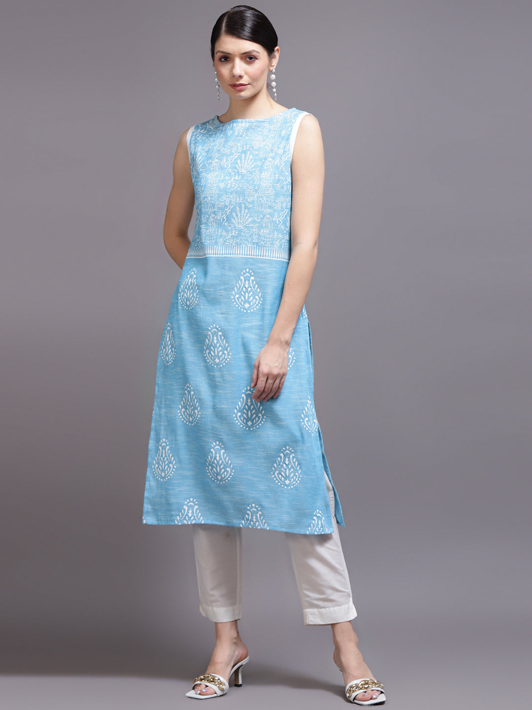Women Sky Blue Printed Cotton Kurta