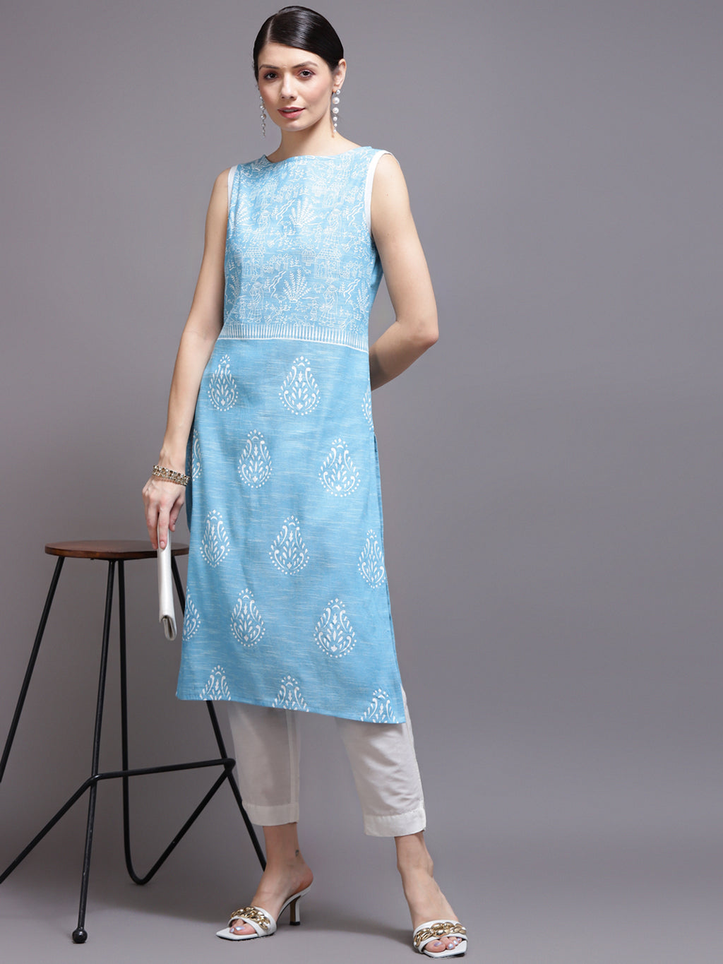 Women Sky Blue Printed Cotton Kurta