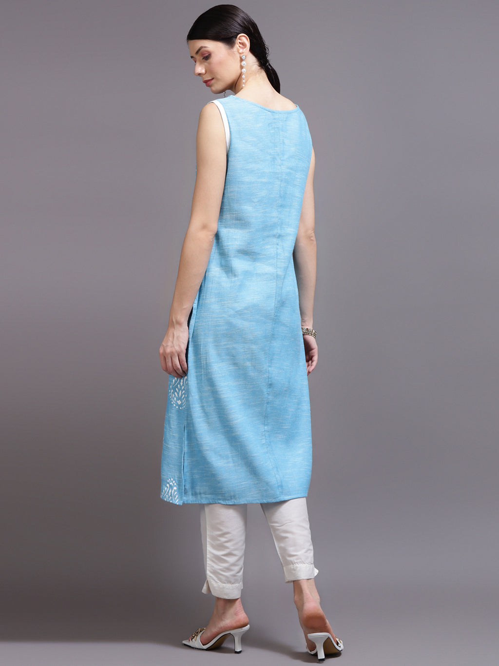 Women Sky Blue Printed Cotton Kurta