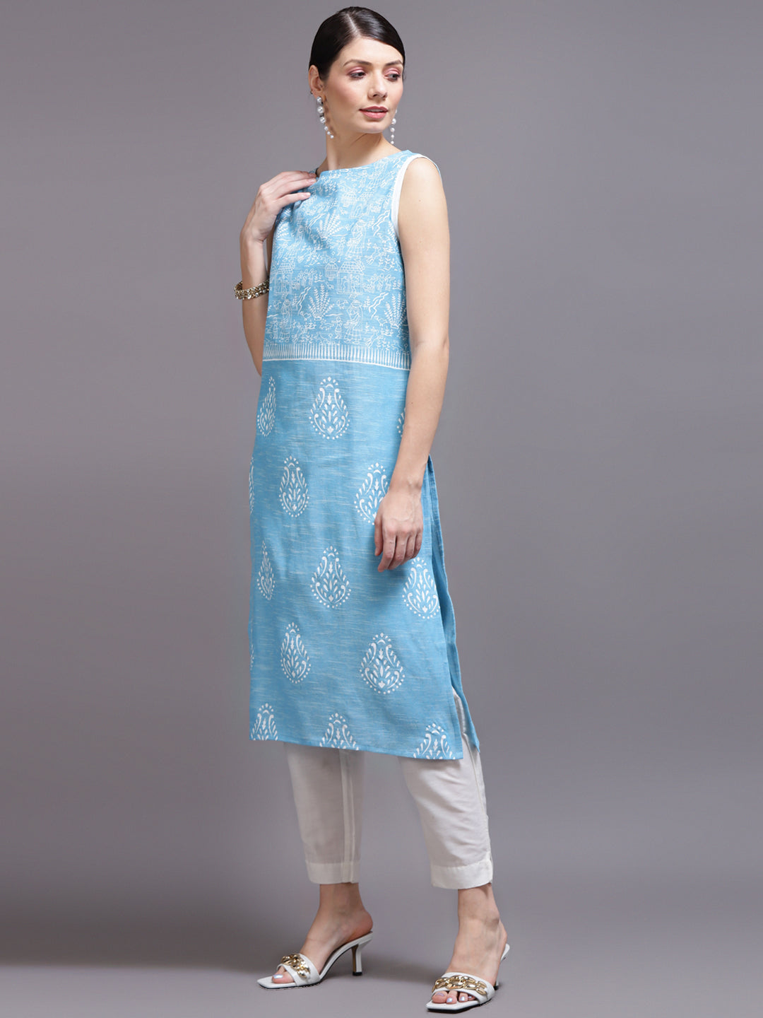 Women Sky Blue Printed Cotton Kurta