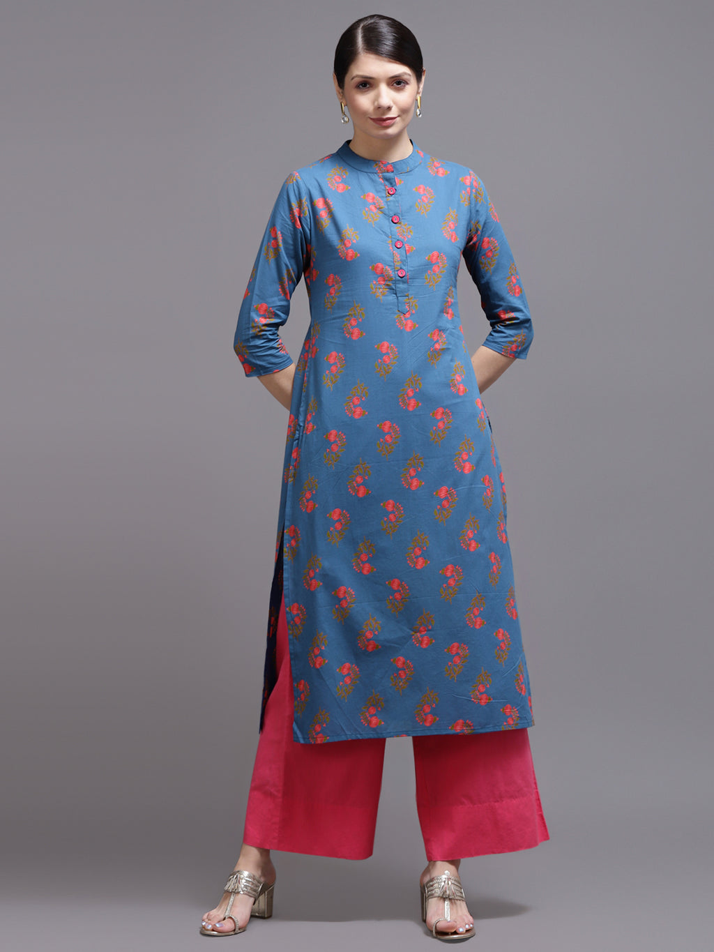 Women Blue Printed Cotton Kurta