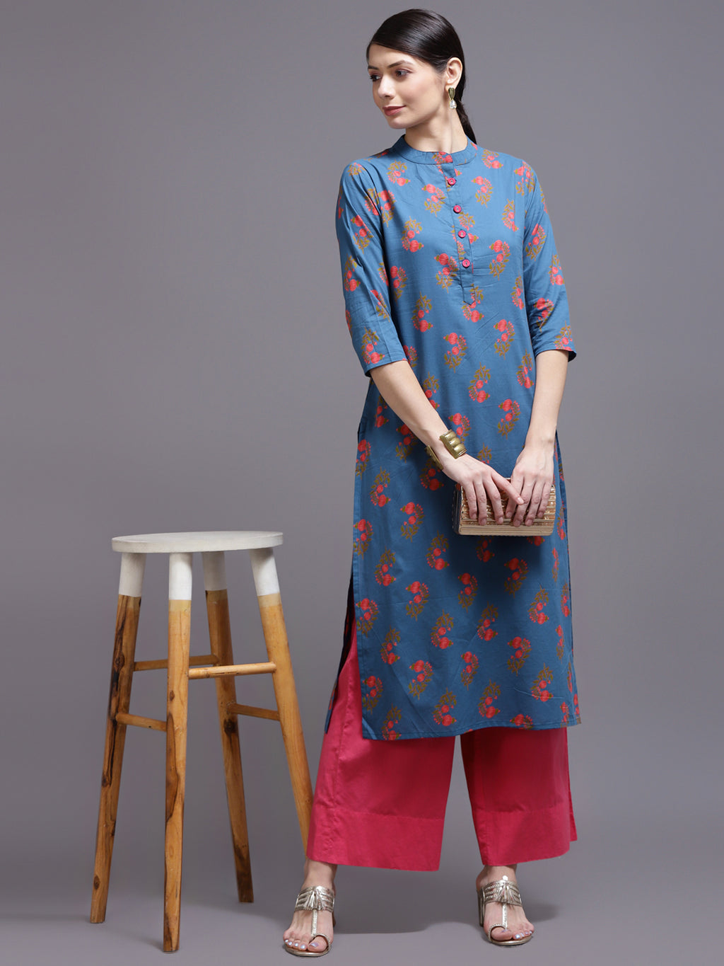 Women Blue Printed Cotton Kurta