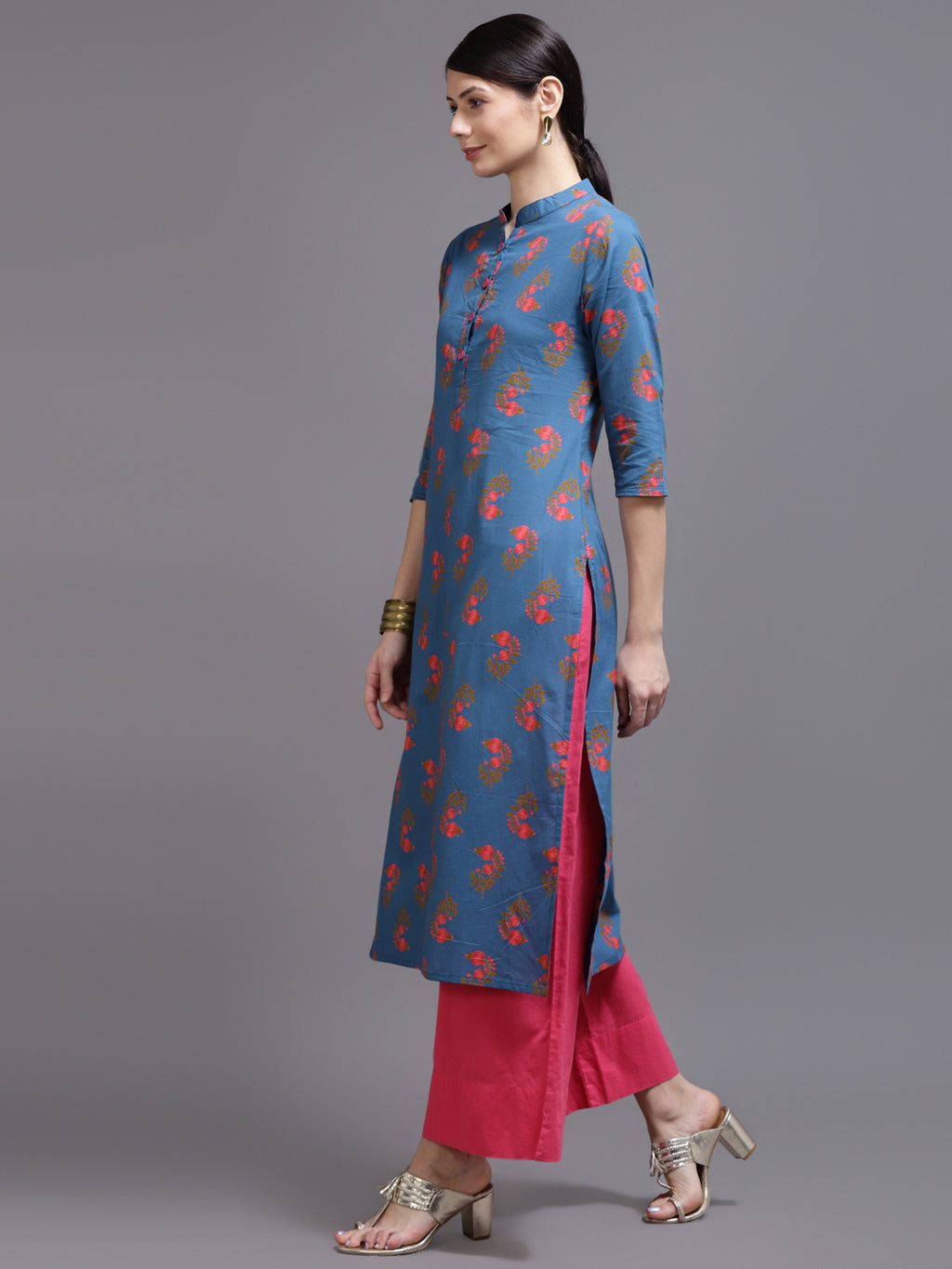 Women Blue Printed Cotton Kurta