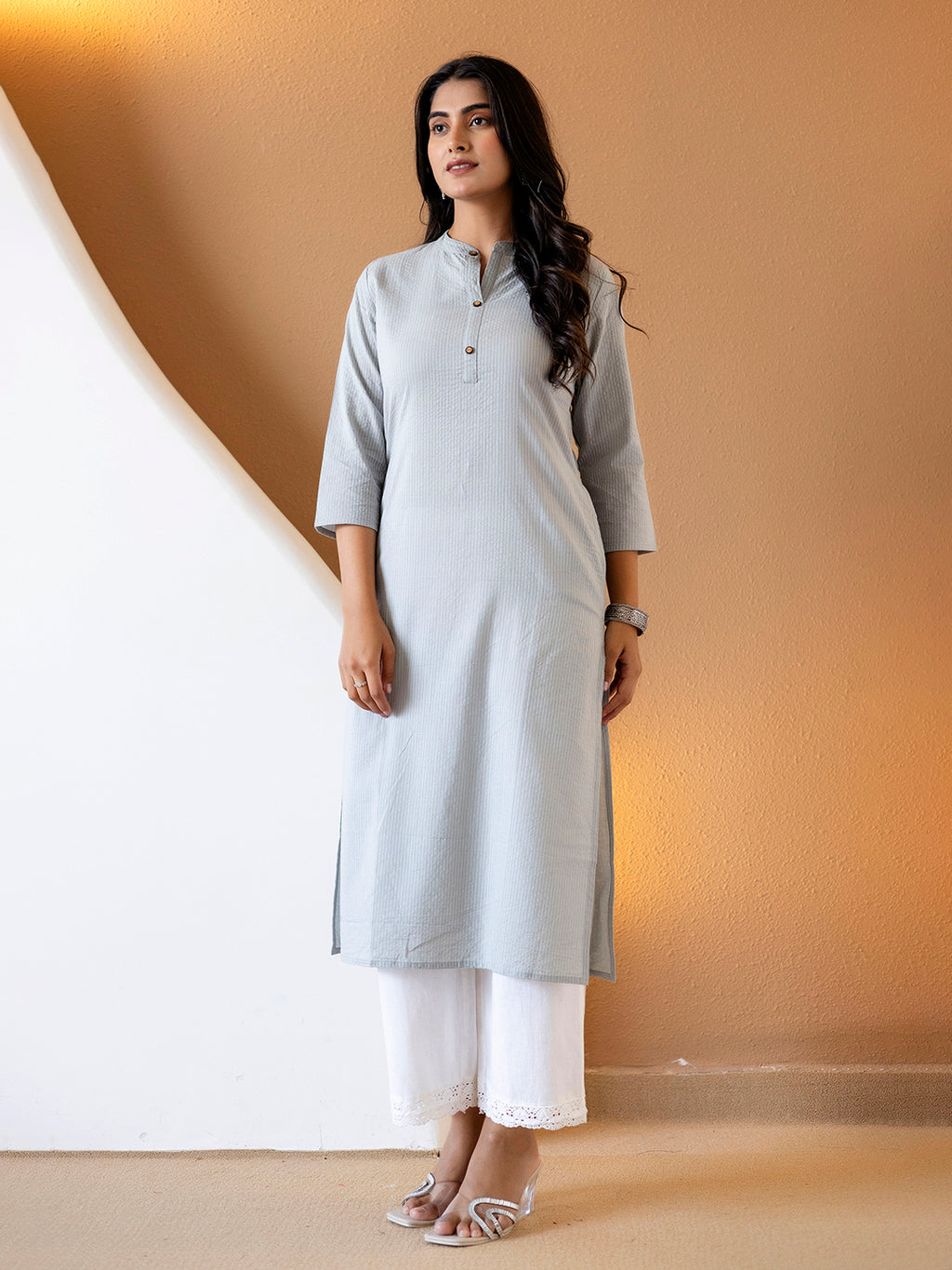 Women Grey Plain Katha Kurta