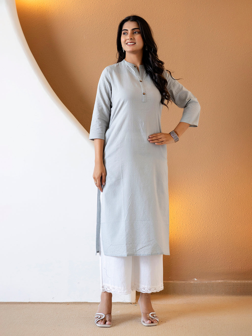 Women Grey Plain Katha Kurta