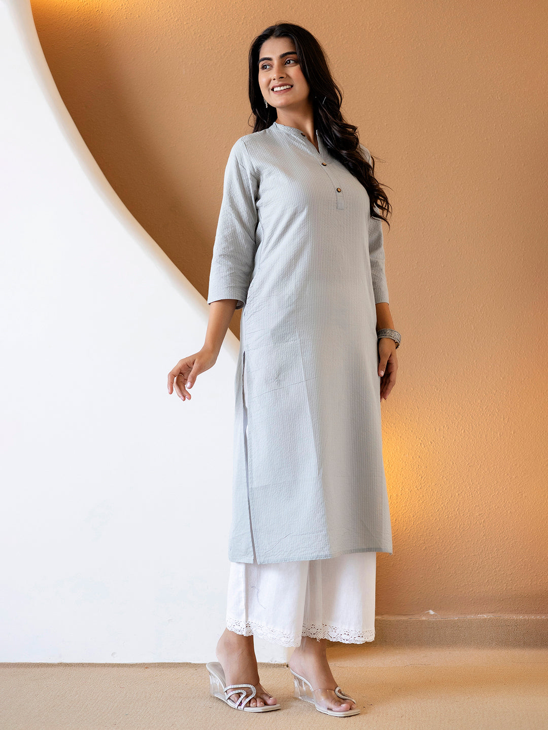 Women Grey Plain Katha Kurta