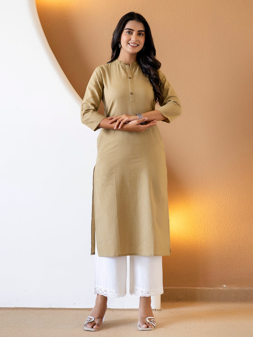 Women Beige Plain Katha Kurta