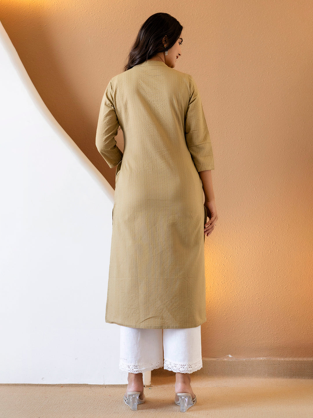 Women Beige Plain Katha Kurta