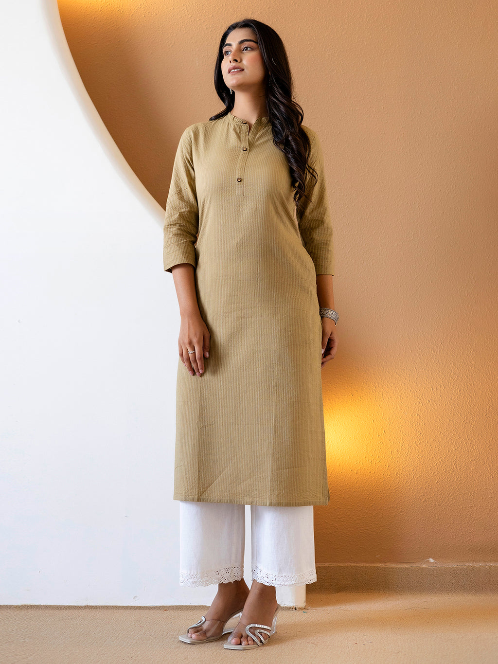 Women Beige Plain Katha Kurta