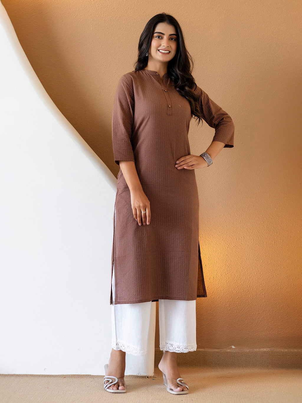 Women Brown Plain Katha Kurta