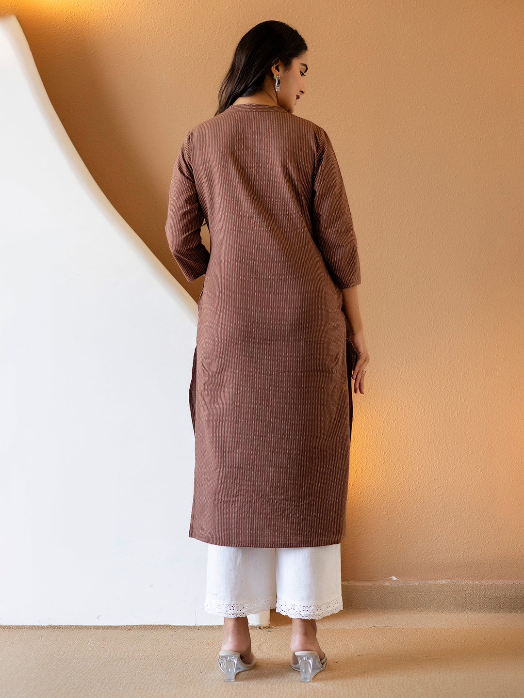 Women Brown Plain Katha Kurta