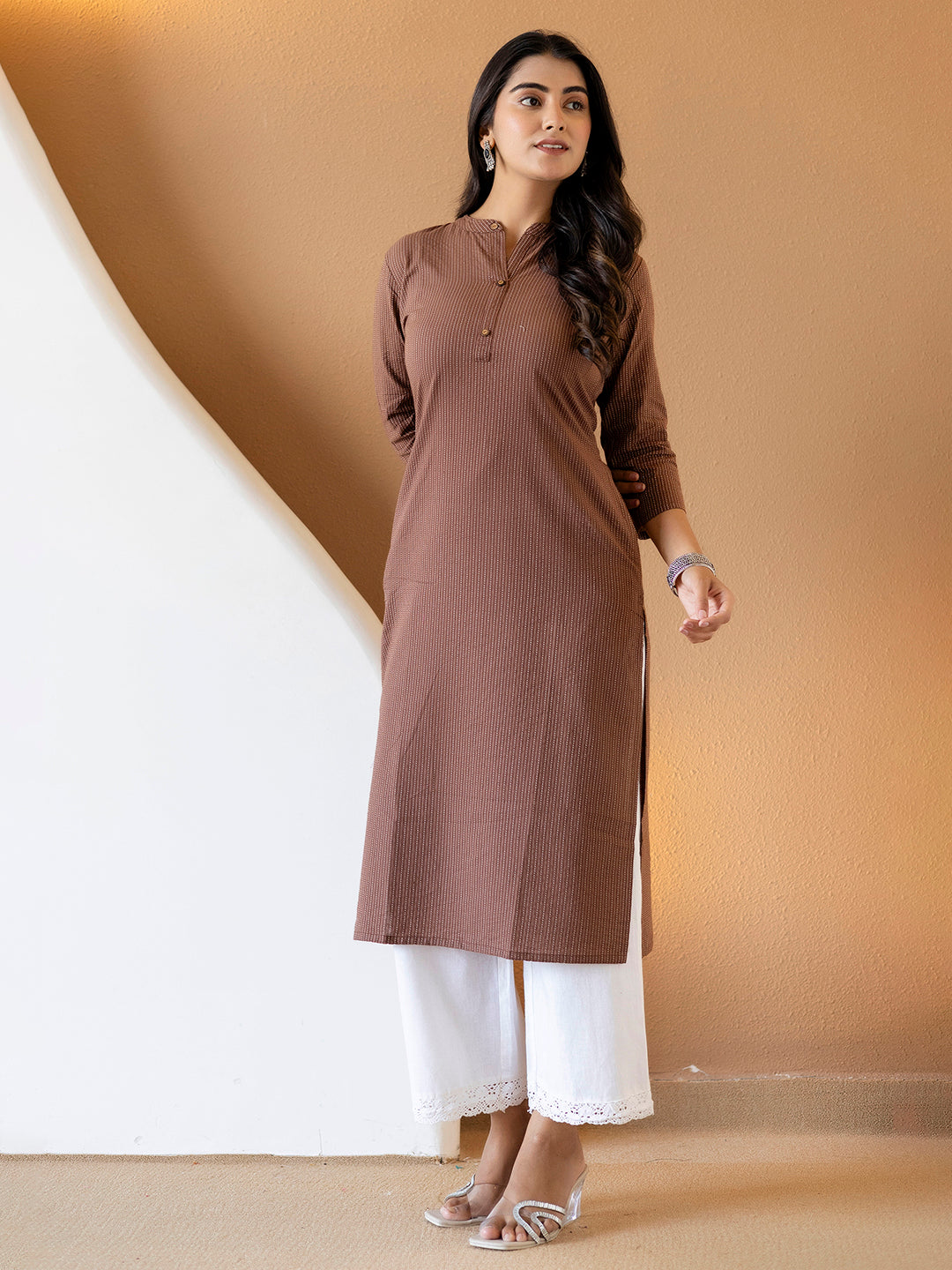 Women Brown Plain Katha Kurta