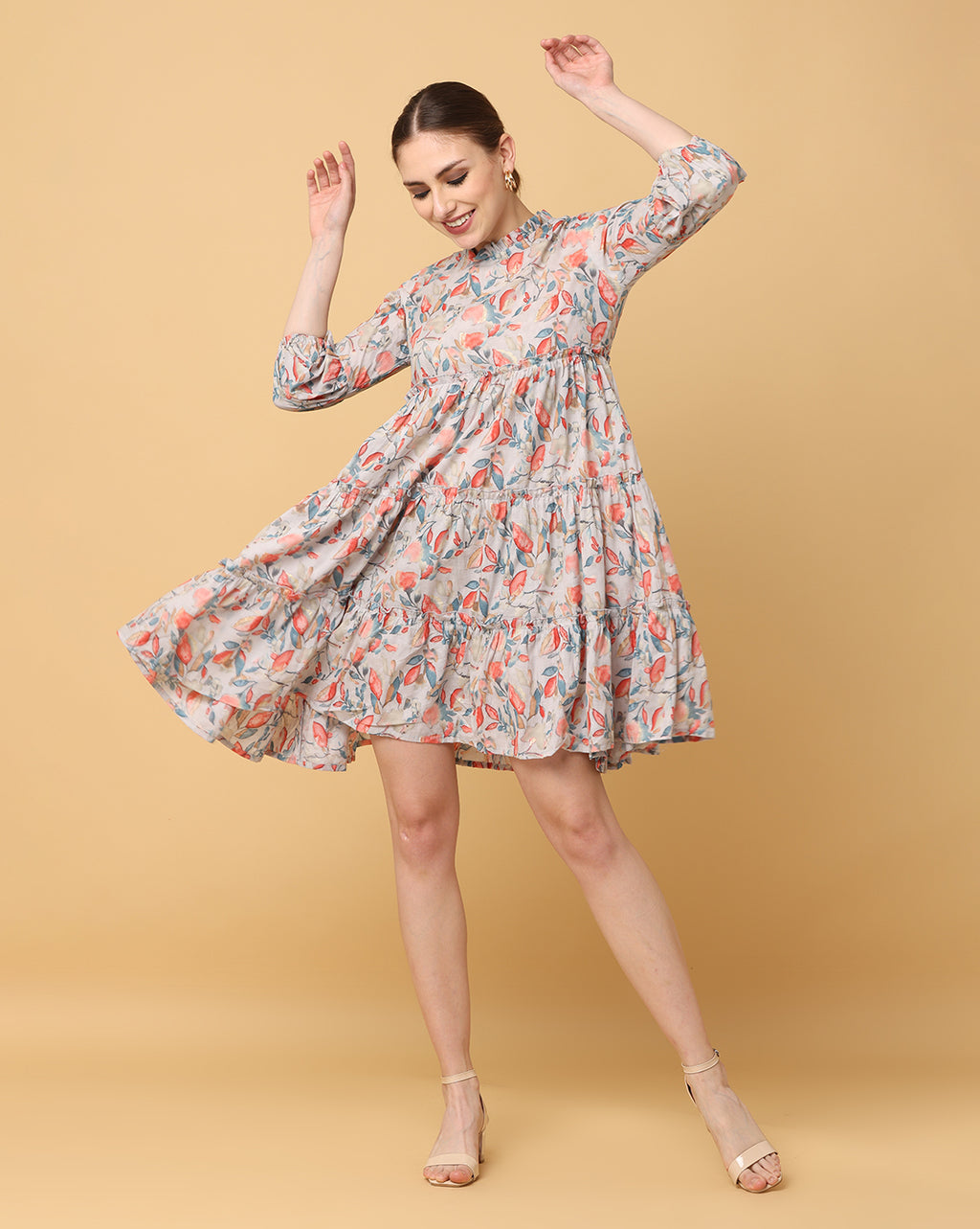 Women Beige Printed Rayon Dress