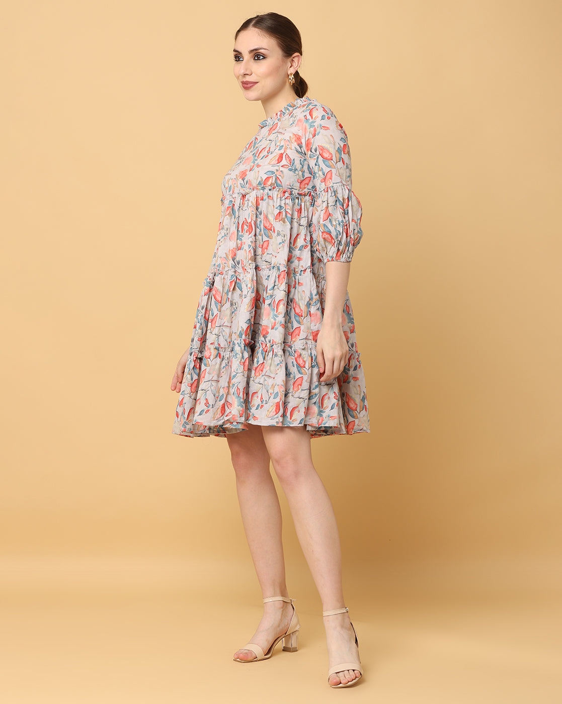 Women Beige Printed Rayon Dress