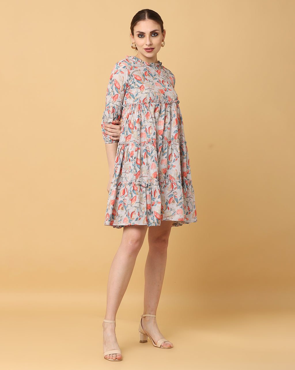 Women Beige Printed Rayon Dress