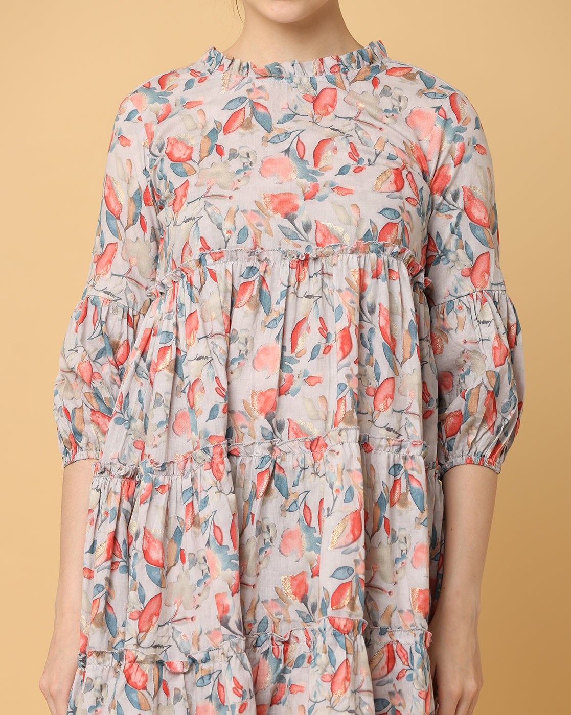 Women Beige Printed Rayon Dress