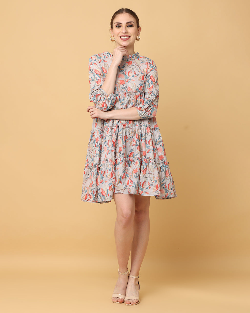 Women Beige Printed Rayon Dress