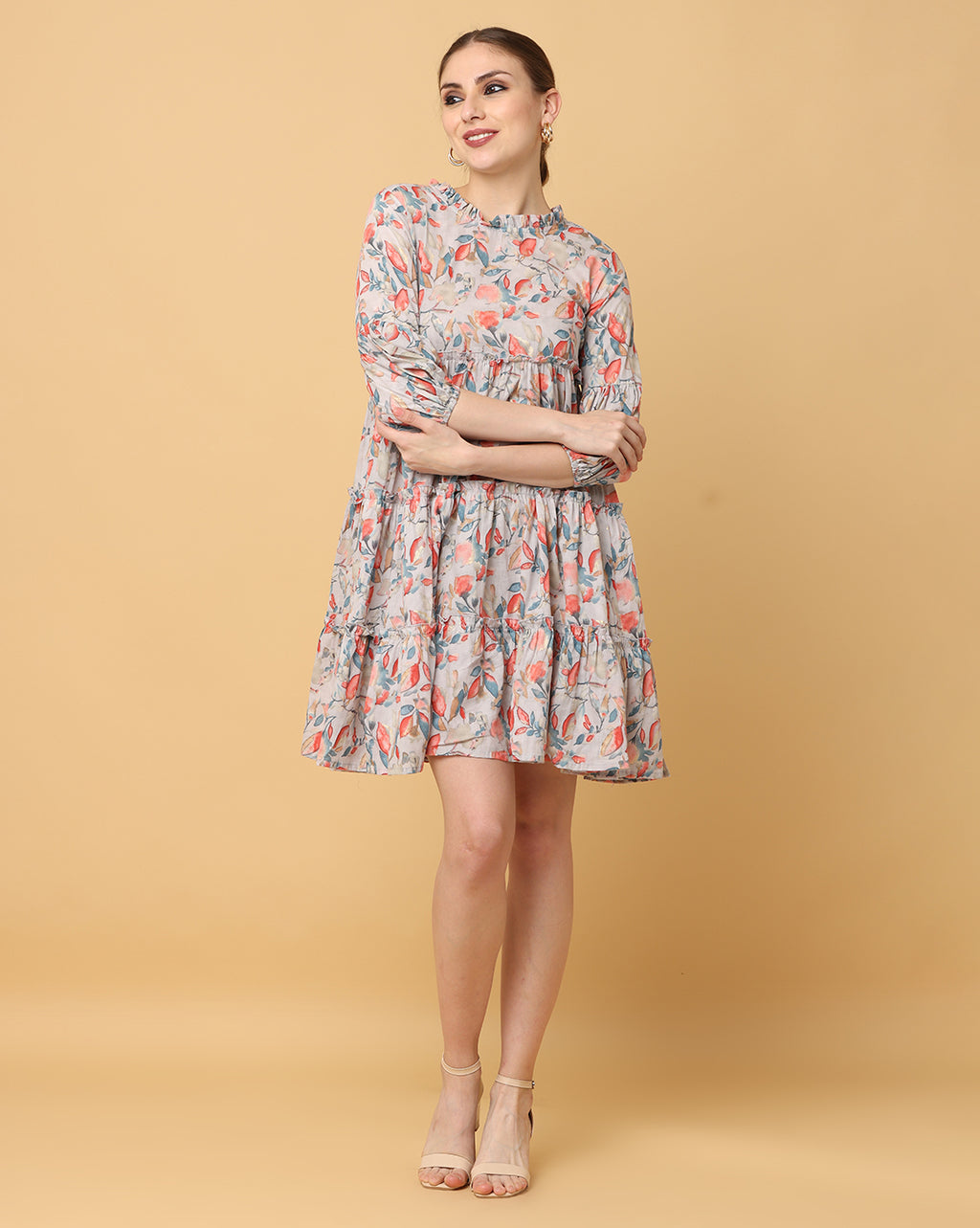 Women Beige Printed Rayon Dress