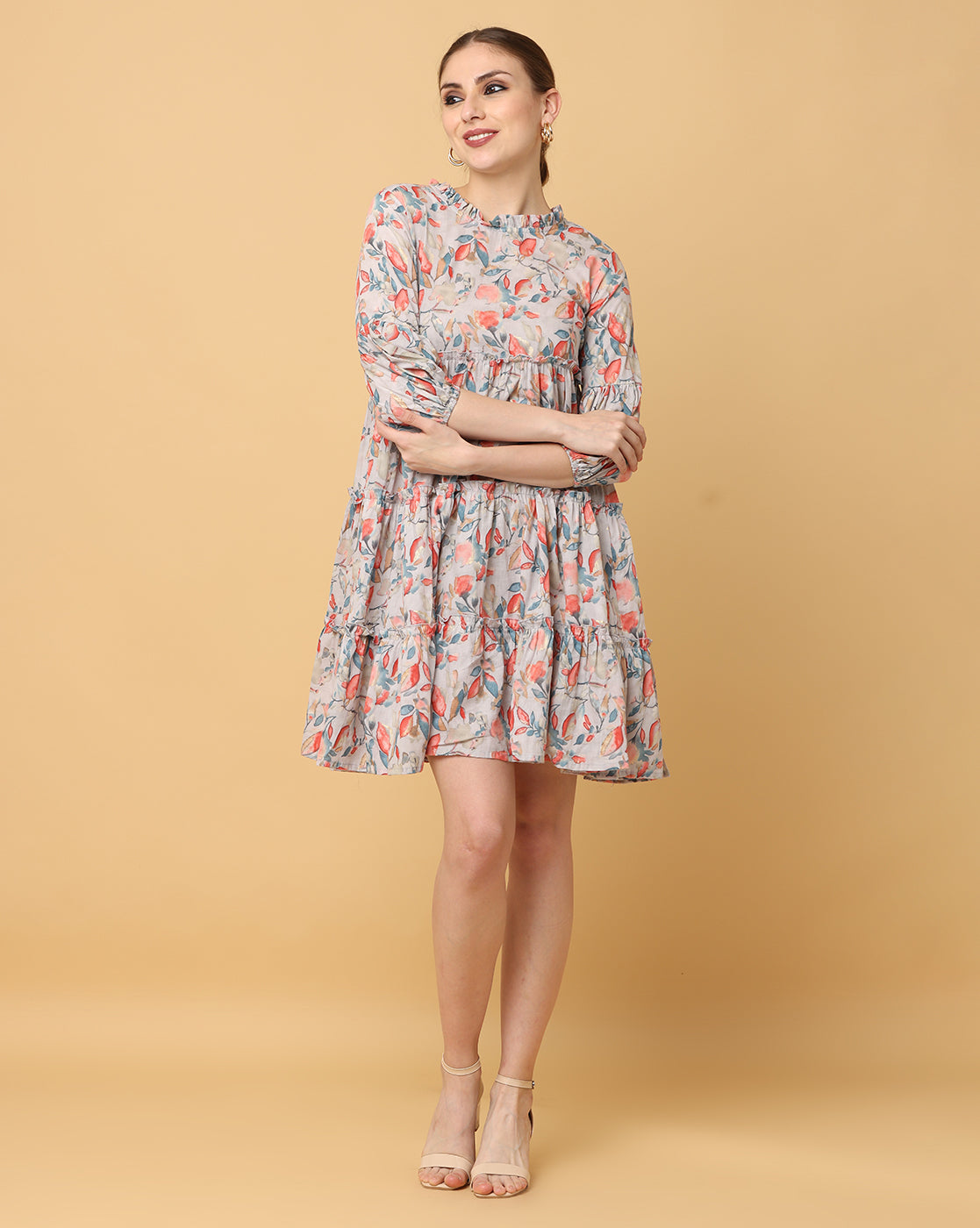 Women Beige Printed Rayon Dress