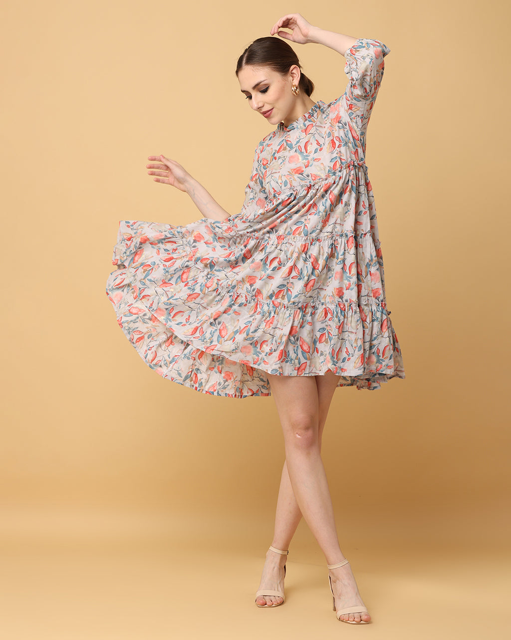 Women Beige Printed Rayon Dress
