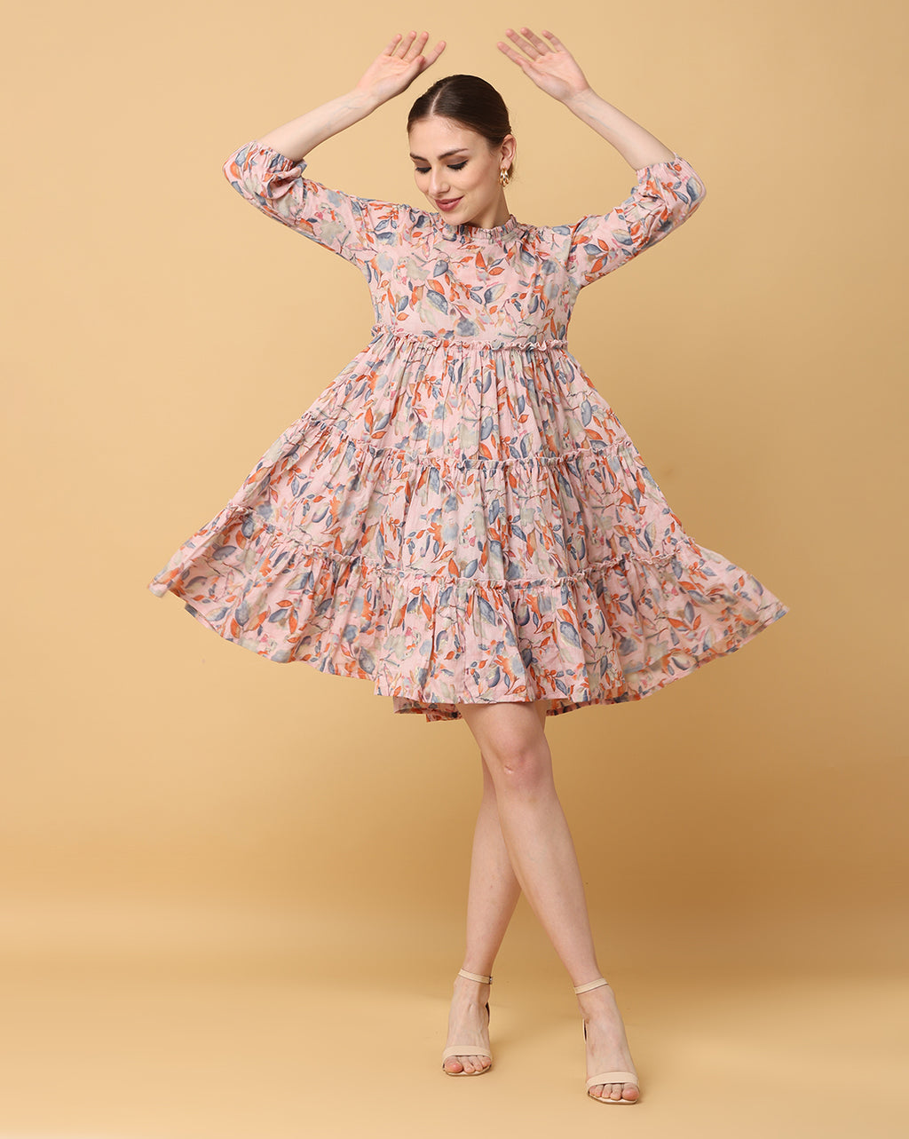 Women Beige Printed Rayon Dress