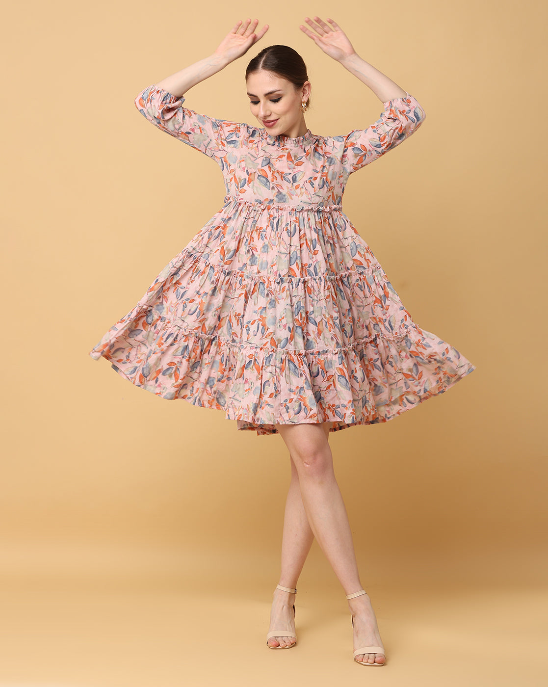 Women Beige Printed Rayon Dress