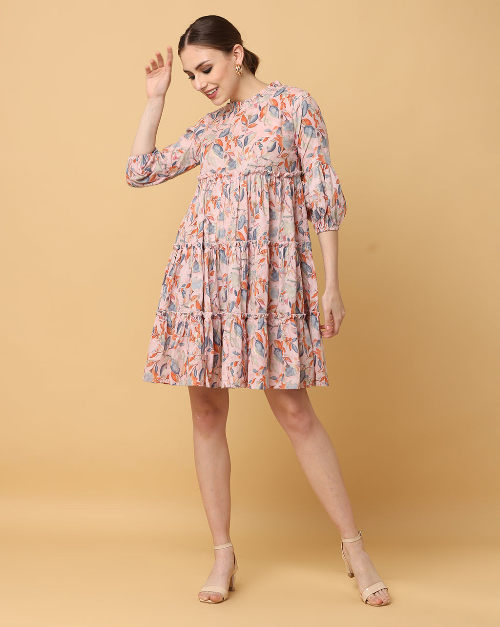 Women Beige Printed Rayon Dress