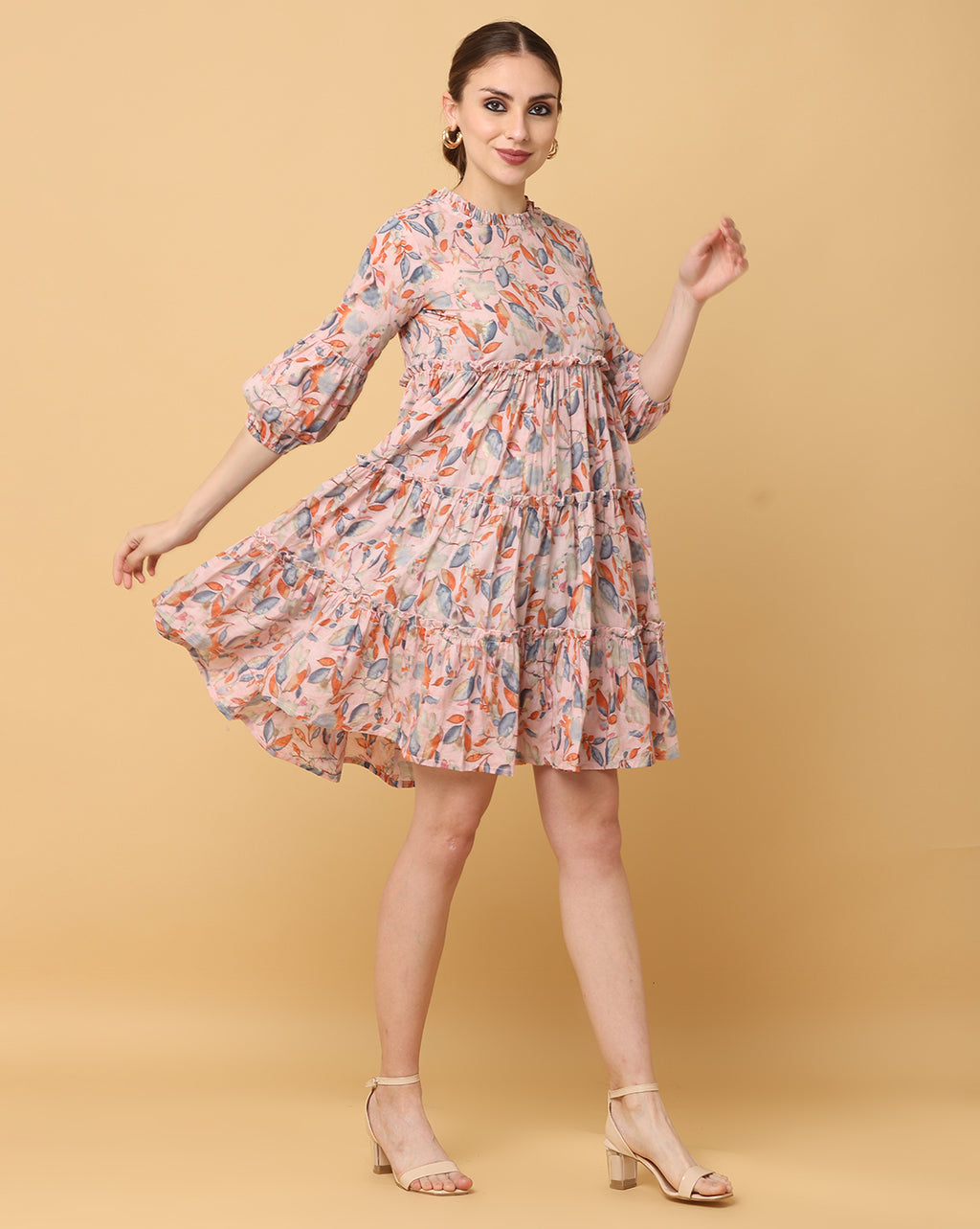 Women Beige Printed Rayon Dress