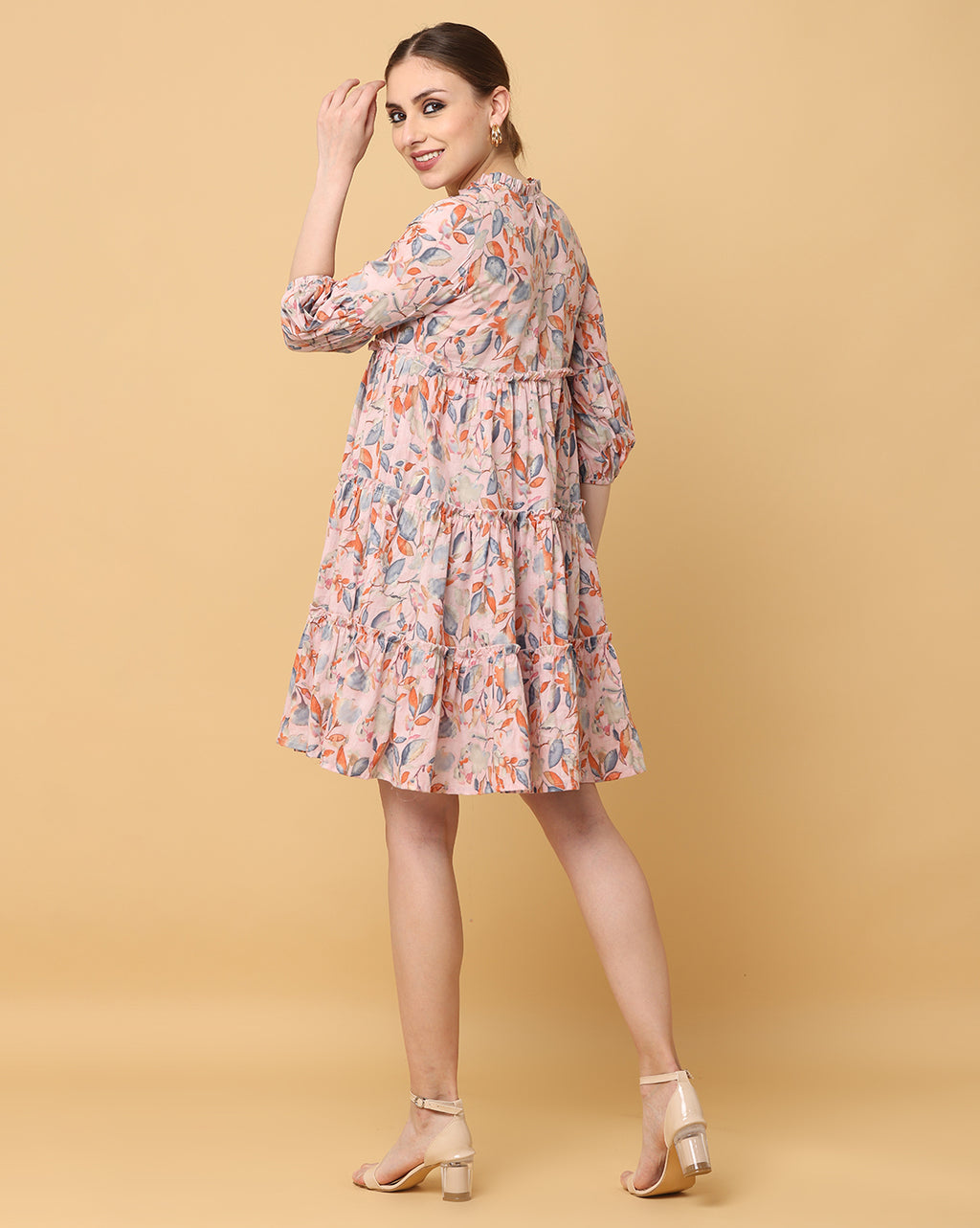 Women Beige Printed Rayon Dress