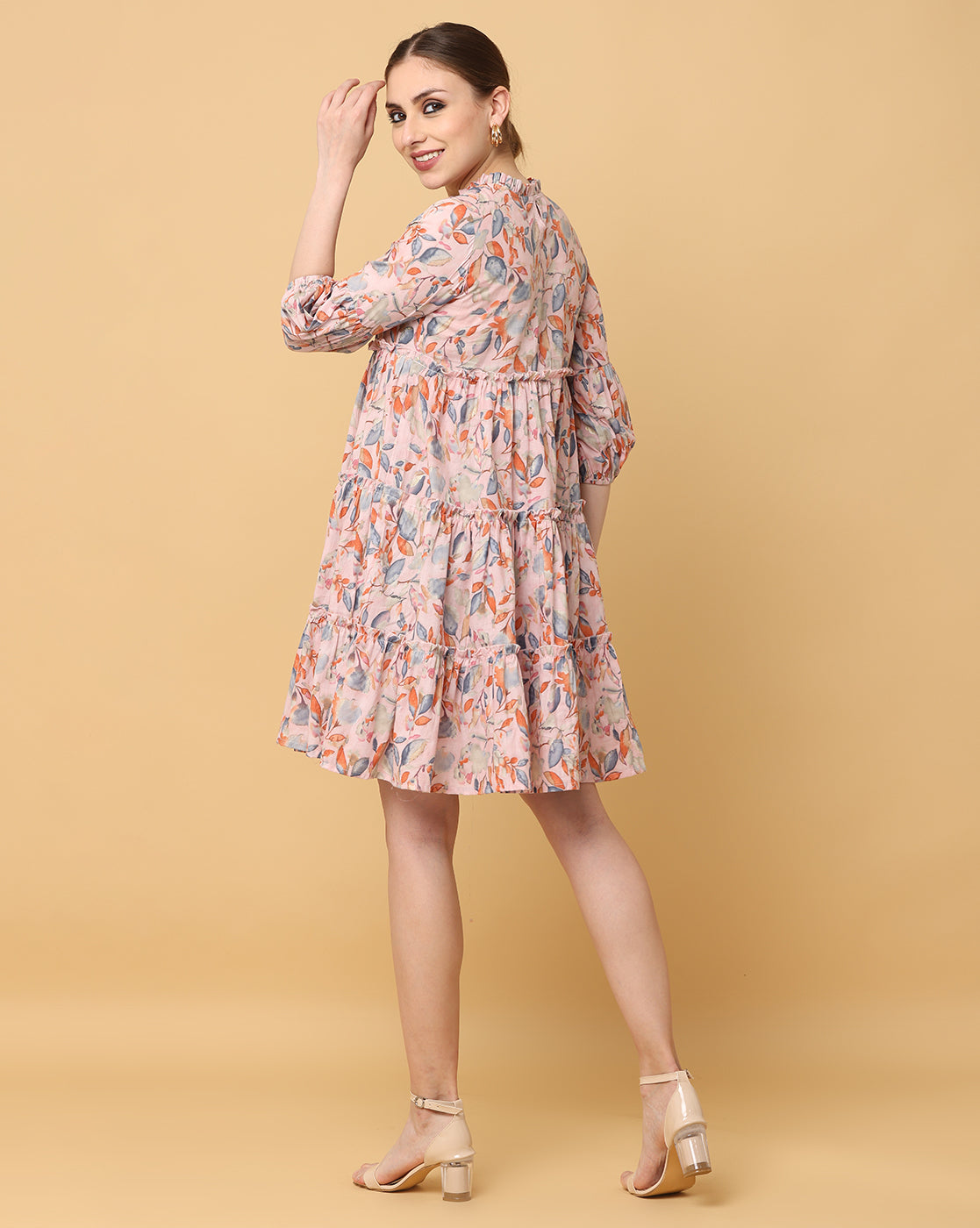 Women Beige Printed Rayon Dress