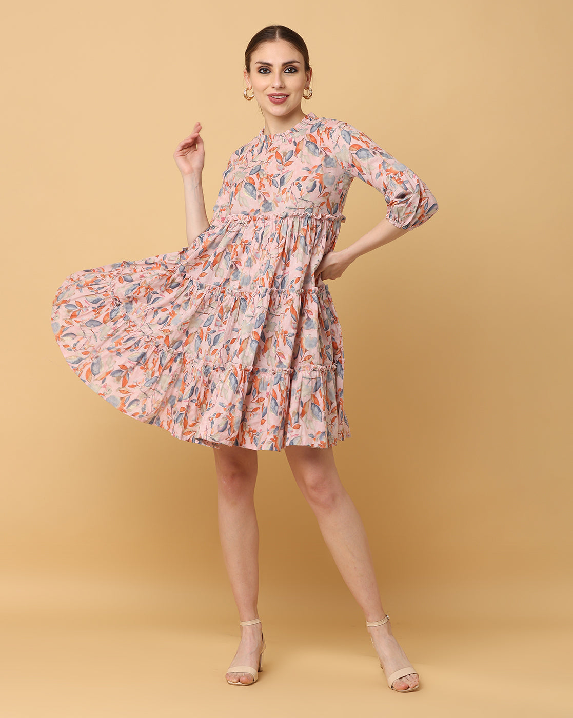 Women Beige Printed Rayon Dress