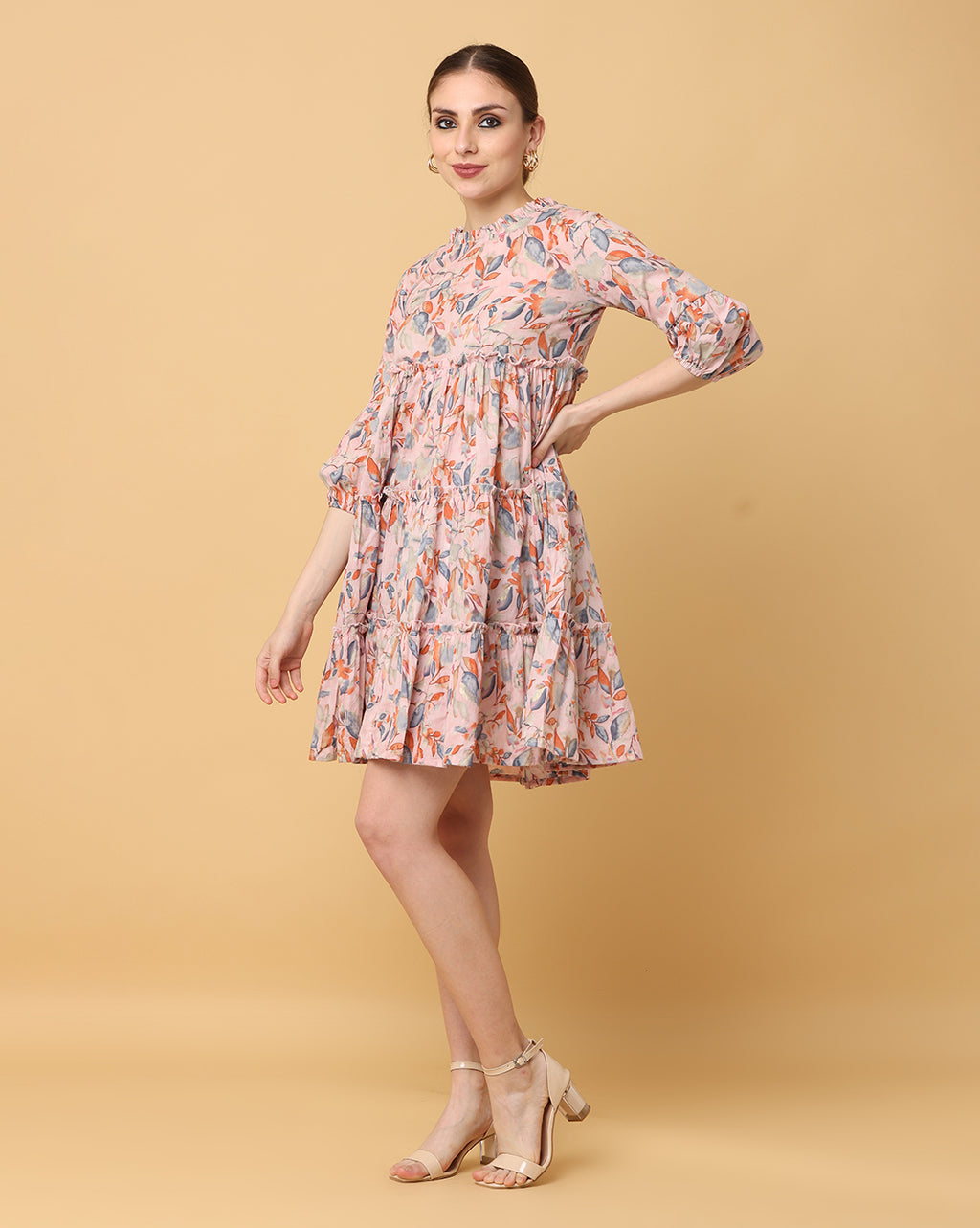 Women Beige Printed Rayon Dress