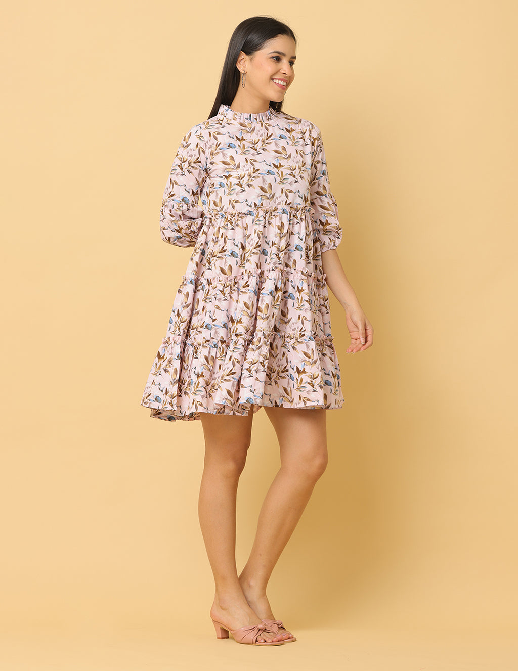 Women Cream Printed Polyester Dress