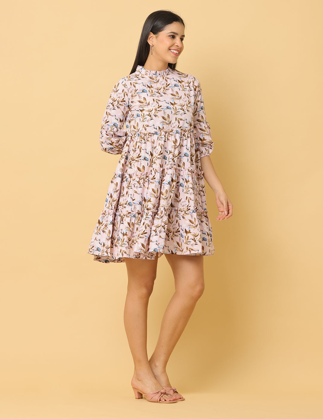 Women Cream Printed Polyester Dress