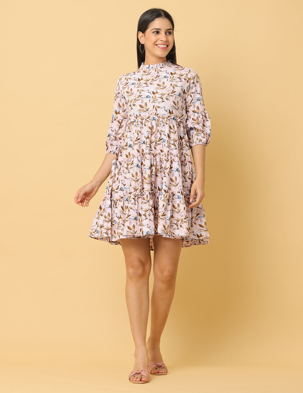 Women Cream Printed Polyester Dress