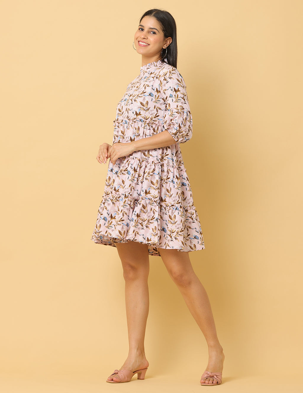 Women Cream Printed Polyester Dress