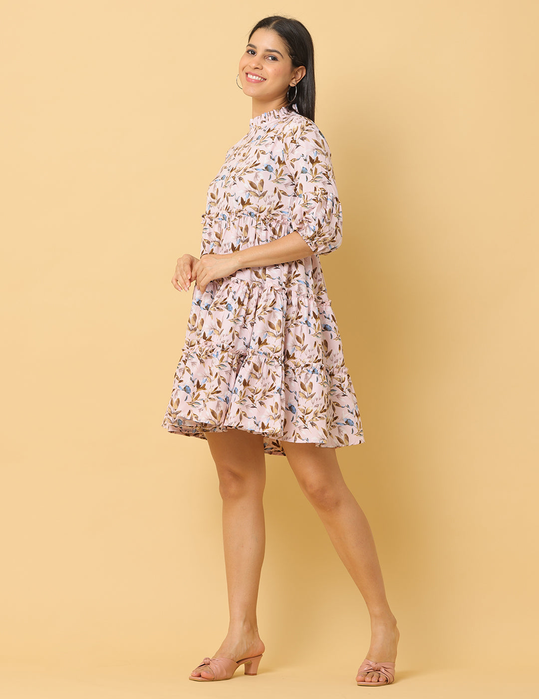 Women Cream Printed Polyester Dress